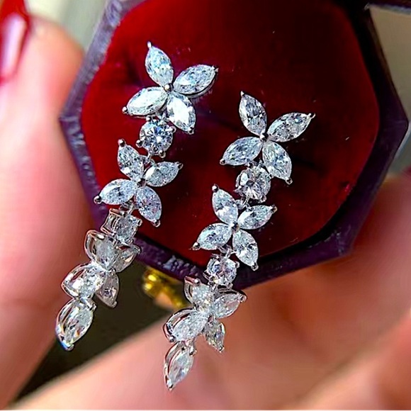 Sterling Silver Marquise Cut Crystal Flower Dangle Earrings Wedding Bridal - Picture 1 of 5